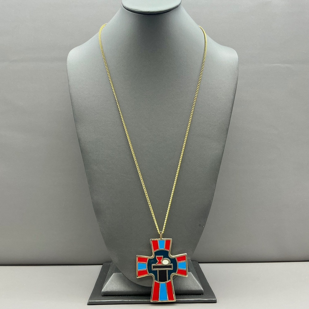 Terra Sancta Necklace Vintage Enamel Eucharist Cross Pendant Religious Gold Tone